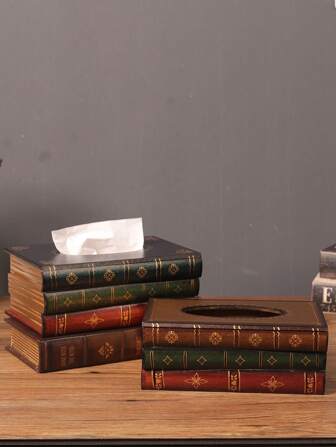 Crafted Classical Retro Wooden Antique Book Tissue Box Cover Rectangular Tissue Holder Dispenser Paper Cover Case Napkin Holder Home Decor For Bathroom Living Room Office Car Kitchen