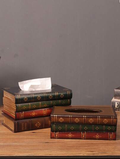 Crafted Classical Retro Wooden Antique Book Tissue Box Cover Rectangular Tissue Holder Dispenser Paper Cover Case Napkin Holder Home Decor For Bathroom Living Room Office Car Kitchen