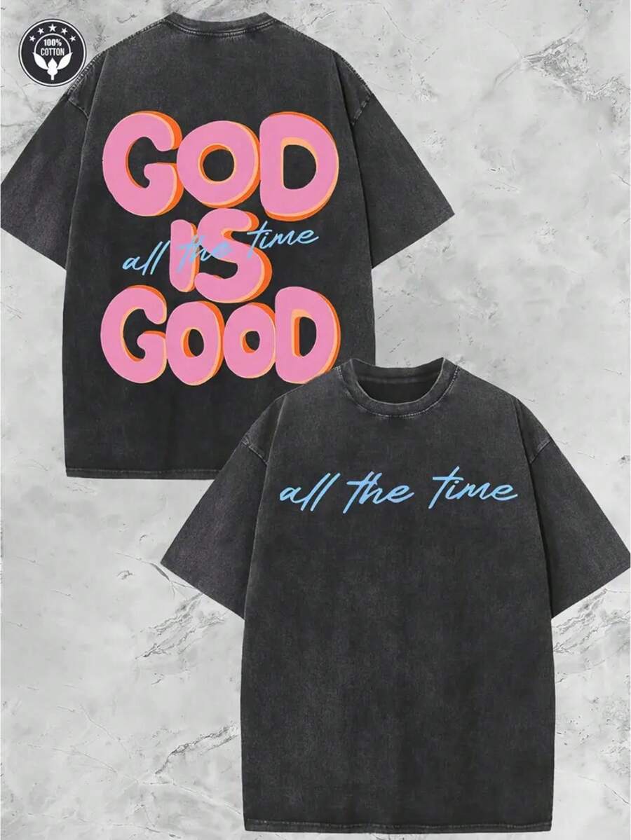 250g Heavyweight Washed Cotton Crew Neck T-Shirt - GOD IS GOOD Double-Sided Vintage Distressed Graphic, Unisex Oversized Loose Fit Casual Streetwear, Brown With Pink & Blue Lettering For Men & Women, Spring Summer Casual Attire, Easter & Festival Outfits - 黑色 - 查看 1