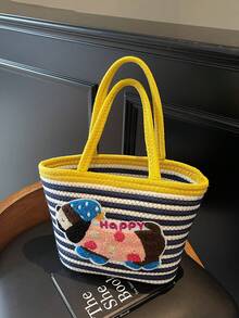 腊肠犬图案编织托特包，大容量，单肩包，针织手提包 - 黃色 - 查看 1