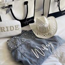 Customized Pearl Rhinestone White Straw Cowgirl Hat | Bridal Gifts | Nashville Bachelorette Party | Beachy