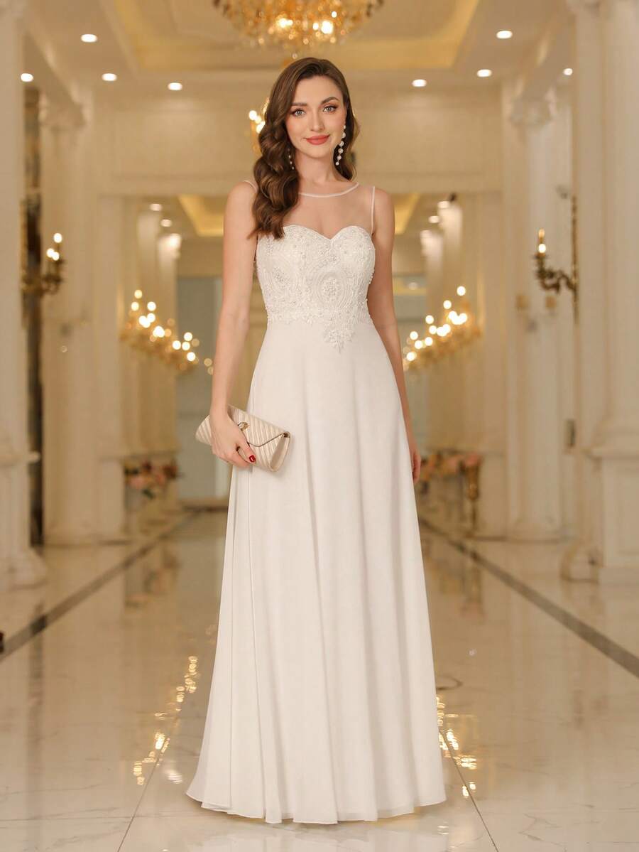 Babyonlinedress Guipure Lace Insert Pearls Beaded Chiffon A-Line Prom Bridesmaid Dresses,Formal Wedding Guest Gown, For Graduation, Homecoming,Dinner - Màu be - Xem 1