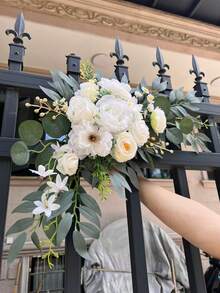 圣诞节经典花环两件套 - 人造白色花朵搭配塑料绿植装饰，适用于婚礼拱门、宴会厅及家居装饰 - 用途广泛，也可用于复活节、感恩节、情人节、家居装饰及新年礼物