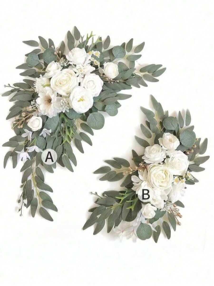 圣诞节经典花环两件套 - 人造白色花朵搭配塑料绿植装饰，适用于婚礼拱门、宴会厅及家居装饰 - 用途广泛，也可用于复活节、感恩节、情人节、家居装饰及新年礼物