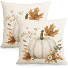 2 pièces Housse de coussin d'automne, housse de coussin décorative bohème aux feuilles et citrouilles d'automne pour coussins d'extérieur, décoration d'intérieur rustique pour le canapé à Thanksgiving, housse de coussin décorative pour le camping extérieur, imprimée sur un seul côté, sans l'insert de coussin. - Beige - Voir 1