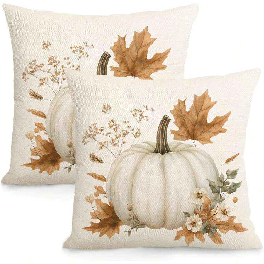 2 pièces Housse de coussin d'automne, housse de coussin décorative bohème aux feuilles et citrouilles d'automne pour coussins d'extérieur, décoration d'intérieur rustique pour le canapé à Thanksgiving, housse de coussin décorative pour le camping extérieur, imprimée sur un seul côté, sans l'insert de coussin. - Beige - Voir 1
