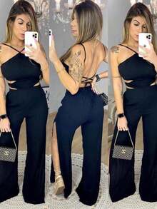 Women's Long Jumpsuit, Loose Viscose Pantaloons, Tie-Up - màu đen - Xem 2