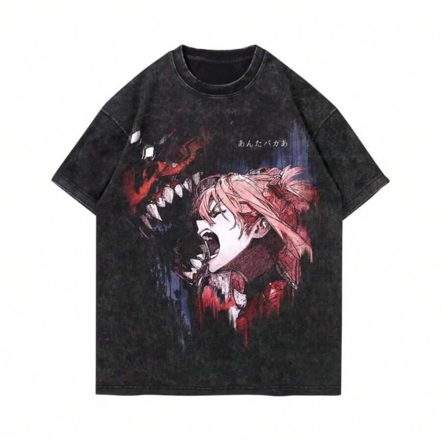 2025 New Japanese Anime Eva Asuka Ayaya Bori Heavy Wash To Do Old Vintage Printed Cotton Short-Sleeved T-Shirt Summer Loose Tees - màu đen - Xem 1