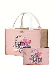 Nurse Theme Pink Handbag & Cosmetic Bag Set, Casual Style, Fabric Structure, Printed With Stethoscope, Heart, Syringe, Thermometer, Pill Patterns, Suitable For Back To School, Travel, Unisex, Perfect Gift, Daily Necessity - Pink - View 12