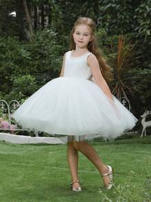 小女孩蝴蝶结深 V 薄纱泡泡袖派对公主裙，适合小女孩生日派对、舞会、选美、花童、伴娘、婚礼、特殊场合 - 白色 - 查看 3