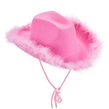 Womens Cowboy Hat, Adult Solid Color Furry Trim Wide Brim Hat Female Cap For Dating Party - Pink - View 3