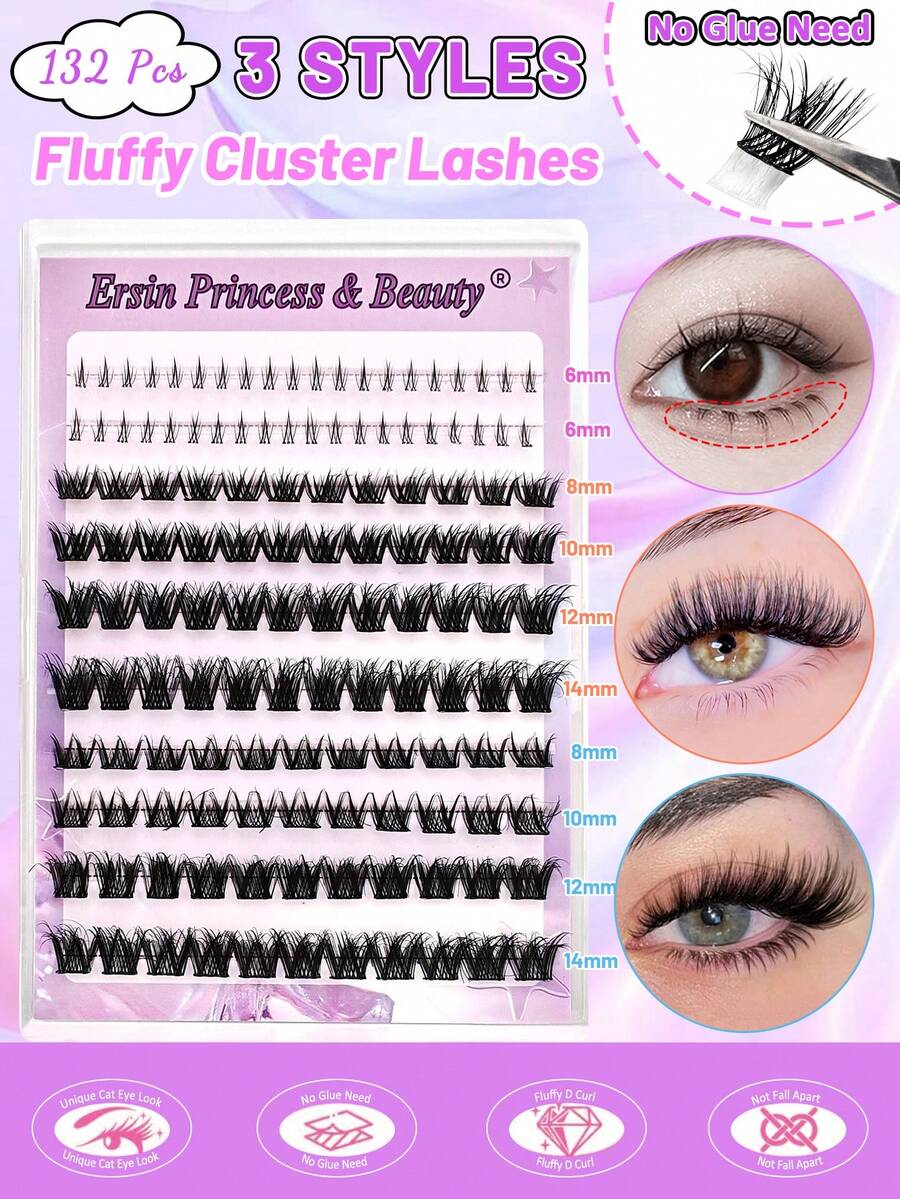 132pcs Cluster False Eyelashes, 3 Mixed Styles, Self-Adhesive, Fluffy D-Curl, 8-14mm Mixed Length; Also Includes 40pcs Self-Adhesive Lower Lashes, Fluffy Single Strands, DIY Eyelash Extension, Pre-Glued Cluster Lashes, Natural & Lengthening, D-Curl, No Glue Or Makeup Remover Needed. - Black - View 1