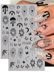2 pièces Autocollants pour ongles Y2K brillants avec motif de toile d'araignée, design Halloween auto-adhésif avec araignée, cœur et motifs de toile d'araignée, décoration d'art pour ongles mignonne et charmante et accessoires de salon de manucure - Multicolore - Voir 1