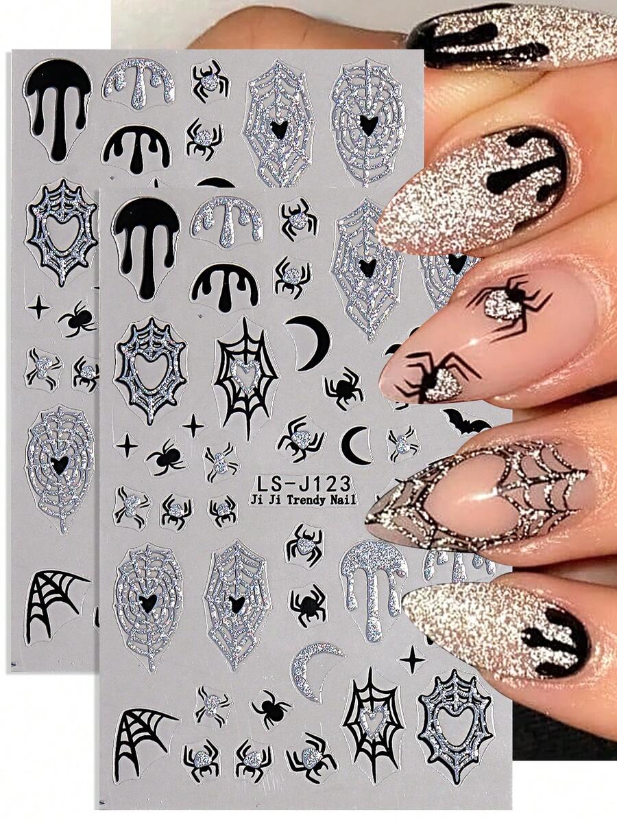 2 pièces Autocollants pour ongles Y2K brillants avec motif de toile d'araignée, design Halloween auto-adhésif avec araignée, cœur et motifs de toile d'araignée, décoration d'art pour ongles mignonne et charmante et accessoires de salon de manucure - Multicolore - Voir 1