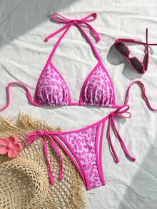 Women's Backless Leopard Print Patchwork Bikini Set (Top And Bottom), Casual Summer - Hot Pink - View 2
