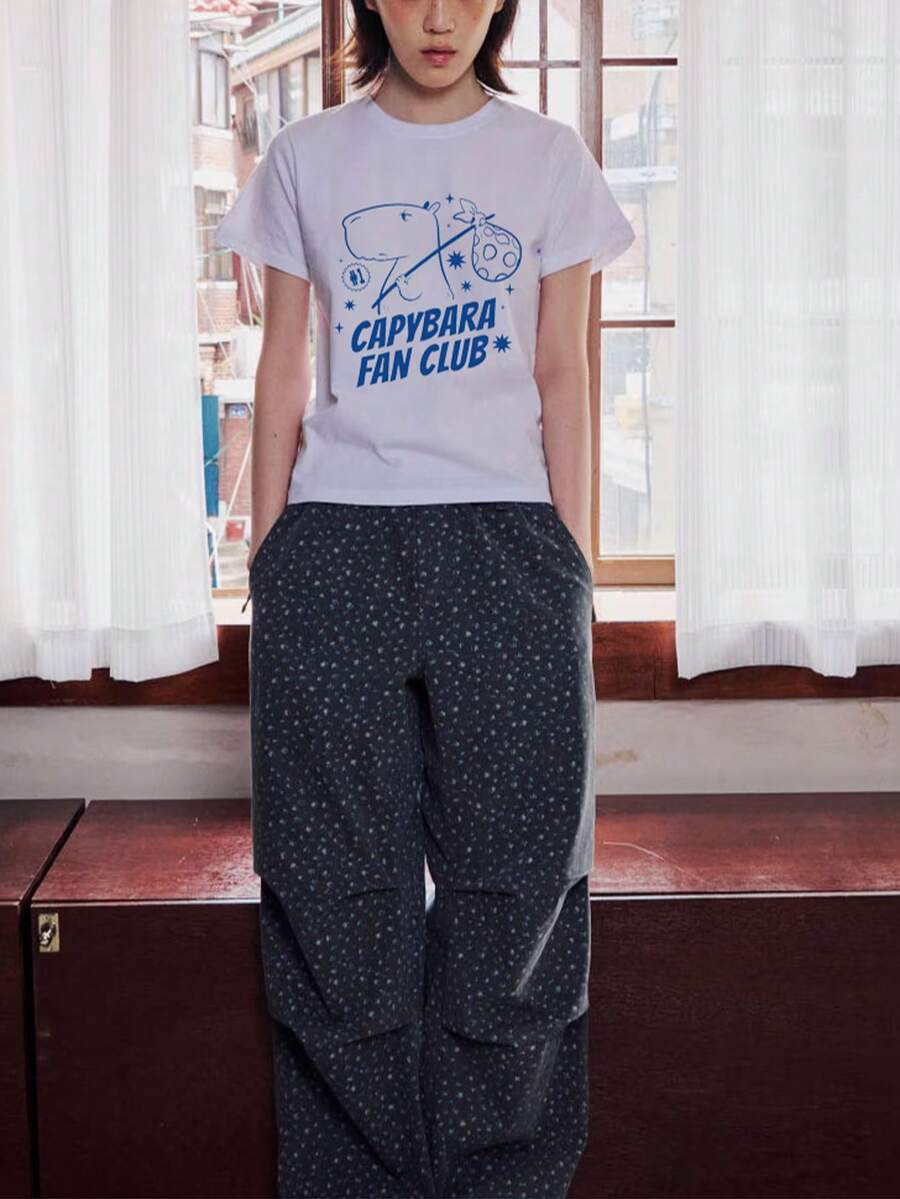 Animal Heart Casual Casual Casual Cute Knitted Fabric No Casual Daily Cotton T-Shirt Evening Dating Daily Home Spring Summer - 白色 - 查看 1