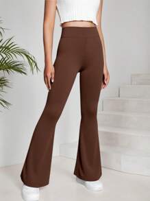 Girls' Solid Color Knitted High Waist Elastic Flared Pants, Casual Sports Yoga, Suitable For Daily Wear, Back To School (YY355)