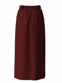 Plus Size Women Solid Color Pocket Maxi Casual/Work Skirt - Burgundy - View 3