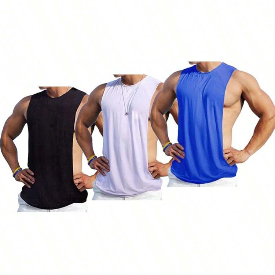 Men's Sleeveless Muscle Stringer Tank Top Cut Open Gym Training Bodybuilding Vest Shirts-2025 - 黑色/白色/藍色 - 查看 1