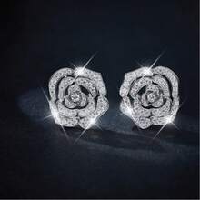 1 Pair Romantic Flower Cubic Zirconia Stud Earring ,Saretes Elegantes For Women For Wedding Engagement Anniversary Party Jewelry Valentine's Day Gift Valentines - 銀色 - 查看 6