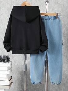 Tween BoyCasual Hooded Patchwork Print Pocket Denim Long Sleeve Sweatshirt And Pocket Denim Pants Set - Black - View 2
