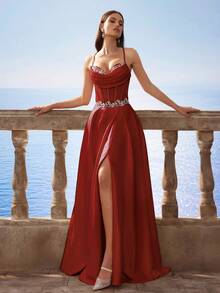 巴洛克风格缎面吊带美人鱼长裙，法式伴娘礼服，返校节礼服，晚礼服，派对礼服 - 酒紅 - 查看 9