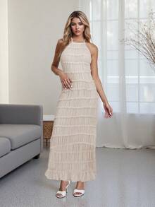 Women's Ruched Bodycon Long Dress Sleeveless Backless Solid Color Dress Cocktail Party Dress - White - View 7