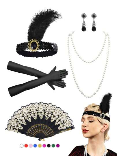 Juego de 3/5 piezas de accesorios vintage de los años 20 para mujeres - tocados, pendientes, collares de perlas falsas, guantes y abanicos de mano para fiestas de Gatsby y galas de los Años Veinte