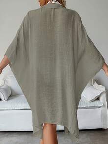 Blusa de lino de manga 3/4 tipo murciélago para mujer, top de lino, camisa de un solo pecho, chaqueta de unicolor, cómoda y ligera; top de fiesta de lino, vestido de lino, camisa de lino, top de Pascua para mujer, atuendo de vacaciones en la playa - Lino - Ver 3