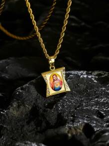 1 Stück Vintage 18K vergoldete Metallkette mit europäischen und amerikanischen religiösen Figuren, asymmetrisches quadratisches religiöses Symbol mit Kunstdiamanten, Glaube, geeignet für den täglichen Glauben und Lässig Kleidung