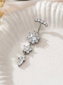 1pc Sparkling Cubic Zirconia Flower Belly Button Ring, Unique Pierced Body Jewelry Suitable For Women's Daily Wear And Parties