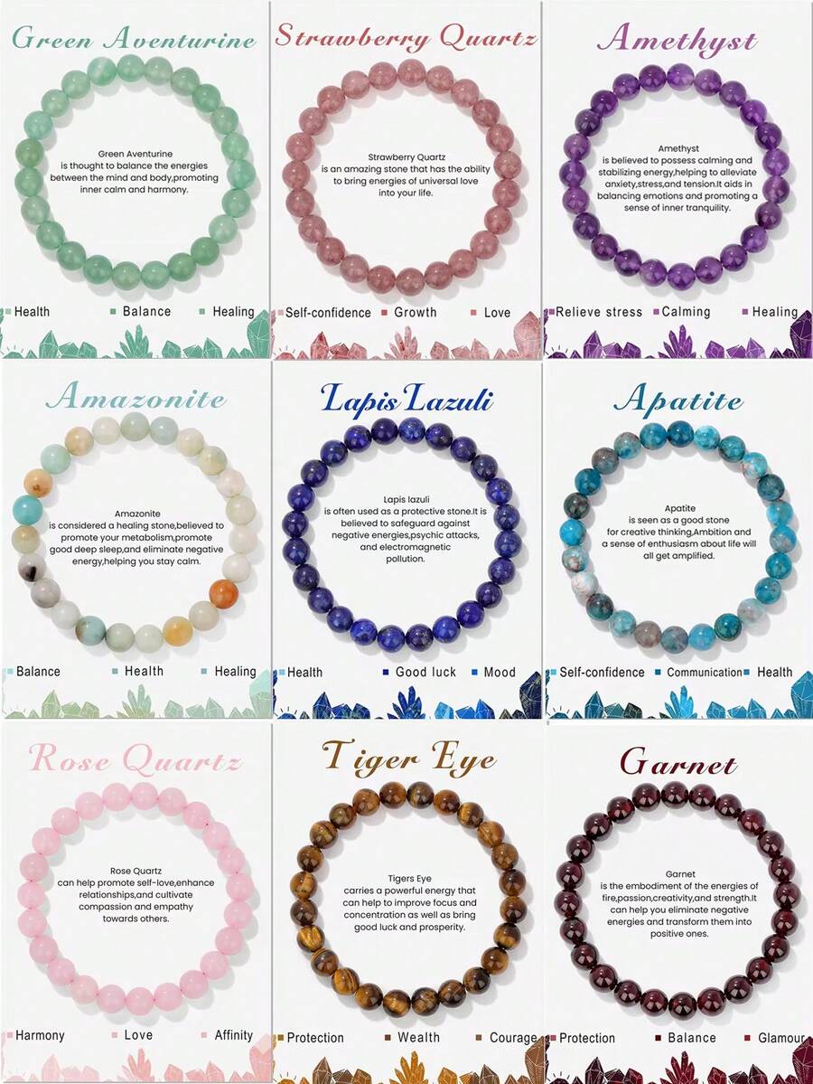 1 件天然水晶手链，男女适用 - 8 毫米半宝石串珠手链，愈合弹力圆珠手链，男女通用珠宝礼物