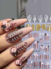 3D骷髅美甲贴纸，万圣节美甲贴纸，浮雕自粘骷髅骨头图案，哑光塑料美甲贴纸，DIY美甲装饰，奇幻主题美甲，浮雕骷髅图案装饰，骷髅手，万圣节白骨爪美甲装饰贴纸 - 彩色 - 查看 1