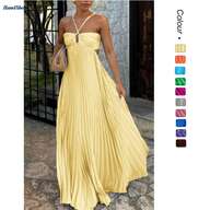 Women's Spaghetti Straps Maxi Dress Flowy Pleated Swing Beach Long Dress Low Backless Sundress