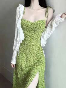 Francesa Cintura Verano Nueva Mujer Verde Eustoma Aplastado Flor Seaside Holiday Wear Halter Vestido - Verde - Ver 3