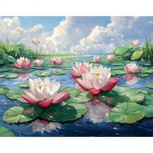 1 Stück Malset zum Malen nach Zahlen für Erwachsene, Acrylfarbe auf Leinwand, Lotus Teich Bild nach Zahlen Starterset für Heimdekoration, 40x50cm/16x20 Zoll ohne Rahmen