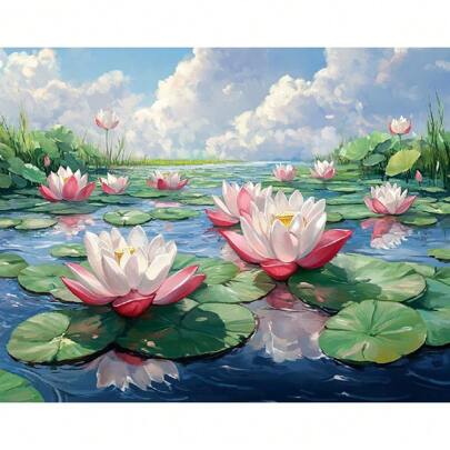 1pc Diy Painting By Numbers For Adults Kits Acrylic Paint On Canvas Lotus Pond Picture By Numbers Starter Kit For Home Decors 40x50cm/16x20inch Without Frame