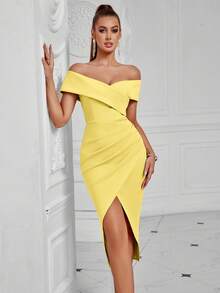 Elisanya Off Shoulder Ruched Wrap Hem High Slit Waisted Date Night Cocktail Party Bodycon Midi Dress - Yellow - View 5
