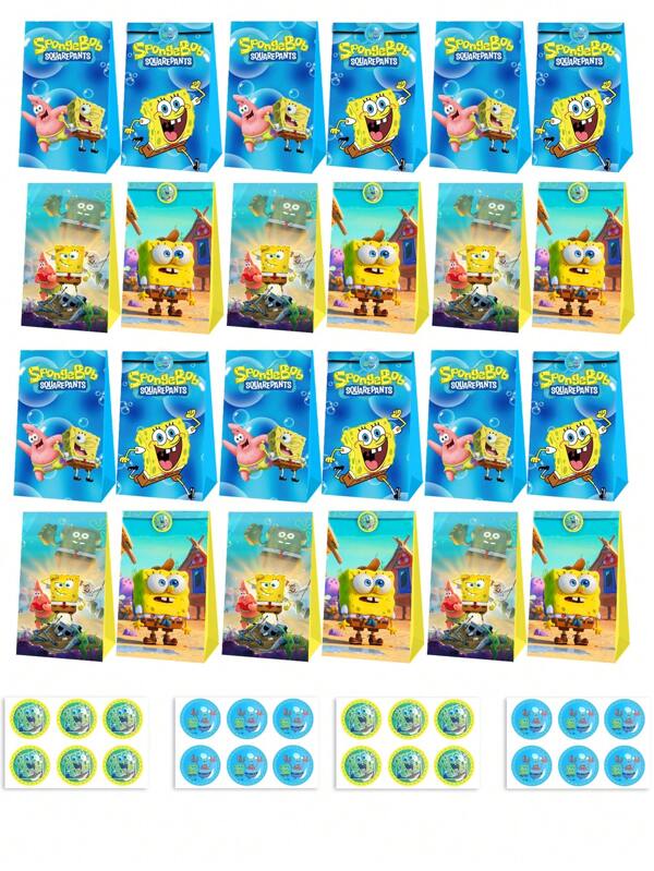 SPONGEBOB 24/48 Piezas Conjunto de bolsas y pegatinas para fiesta de cumpleaños de Bob Esponja, bolsas de regalo de Patrick y Cangrejo Arenoso, adecuado para fiestas de cumpleaños, Halloween, Navidad y Año Nuevo, también una opción perfecta para Acción de Gracias