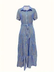 Đầm sơ mi tay ngắn kẻ sọc cổ bẻ cài phía trước dành cho nữ, đầm dài mùa hè. - Màu xanh lam - Xem 3