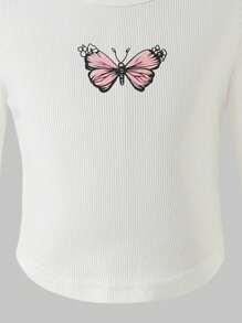 2Pcs Pre-Tween GirlsCasual Outfit Set: Butterfly Print Asymmetrical Hem Short Top And Letter Print Loose Fit Distressed Jeans, Autumn