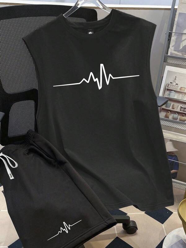 Conjunto de 2 piezas de camiseta sin mangas con gráfico impreso y shorts con cordón para hombres, apropiado para playa, senderismo, pesca, campamento, excelente regalo para esposo o novio