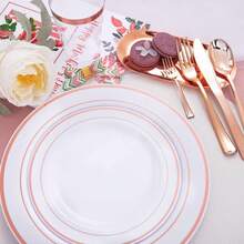 WDF160 Piece Rose Gold Disposable Cutlery Set - Heavyweight Plastic Silverware - Includes 80 Forks, 40 Spoons, 40 Knives - Rose Gold Silverware Perfect For Wedding/Party,9001079 - 金色 - 查看 10