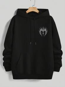 Men's Casual Street Style Dark Graphic Wing & Cross Print Thermal Lined Hoodie Sweatshirt, Autumn/Winter, Long Sleeve Top - Black - View 5