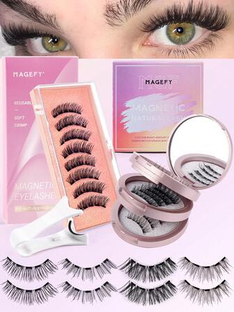 MAGEFY 5/3/2 对 CC 卷曲磁性睫毛套装，带 1 个睫毛涂抹器，混合风格，便携，无需胶水磁性睫毛套装，自然外观，可重复使用睫毛优雅粉色盒子，易于佩戴和取下，3D 自然尖刺漫画睫毛蓬松纤细柔软睫毛假睫毛假睫毛条，自然纤细、卷曲和放大的眼睛，适合专业人士、假日眼妆、夏季旅行必需品、海滩度假、露营旅行