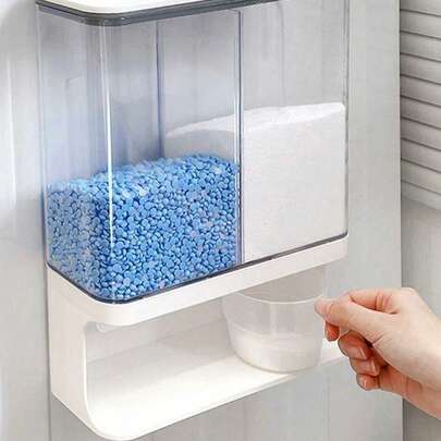 1个壁挂式洗衣液分配器 - 多功能收纳，可放置洗衣香氛增香剂，带杯子