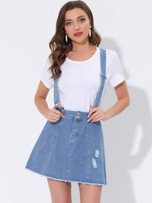 Women's Denim Skirt Overall Adjustable Strap Braces Mini Suspender Washed Spring Summer Jean Skirts - Xanh lam bị sờn - Xem 3