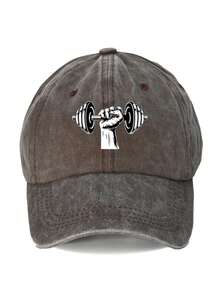 1 件时尚举重做旧印花可调节水洗帽檐男女休闲日常、通勤、上学、骑行、街头时尚老爹帽 - 啞鈴 - 查看 15