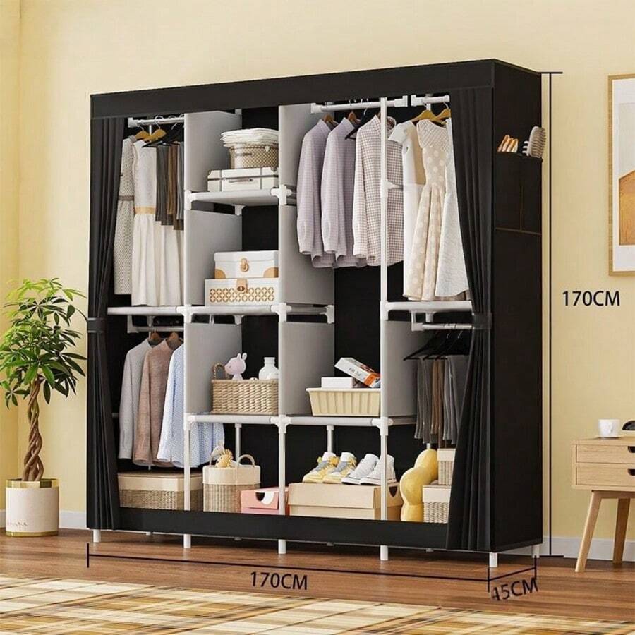 Folding Wardrobe Portable Wardrobe Double Couple - màu đen - Xem 1