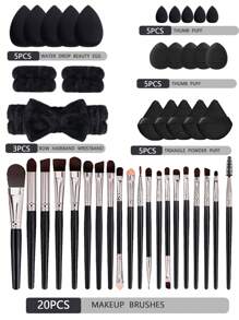 45pcs Makeup Brush Set, Mixed Makeup Beauty Tools, Including: 20pcs Makeup Brushes, 1pc Makeup Bag, 5pcs Beauty Eggs, 5pcs Powder Puffs, 5pcs Mini Beauty Eggs, 5pcs Mini Finger Powder Puffs, 1pc Headband, 2pcs Wristbands, 1pc Cleaning Tool